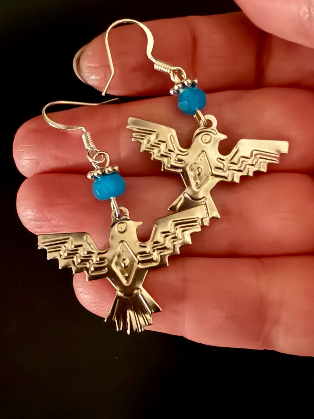 Silver Thunderbird Earrings with Turquoise Blue Bead, NWOT. - Women Jewelry - Picture 3 of 7